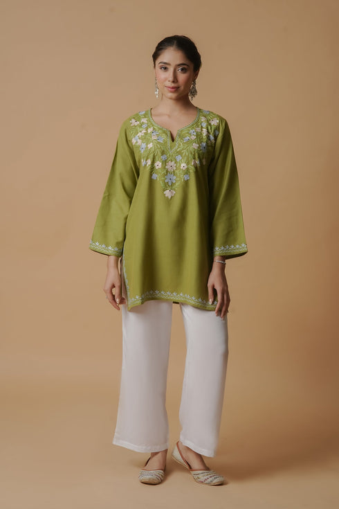 Aarti in Kashmiri Aari Work Cotton Short Kurta – Green
